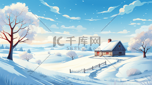 冬山雪地上的小房子插画9