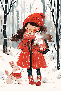 冬天插画下雪天女孩在深林里海报