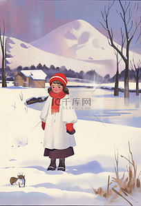 背景雪天插画图片_冬天海报女孩雪天卡通插画手绘