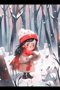 卡通丹顶鹤翅膀插画图片_下雪天女孩在深林里插画冬天海报