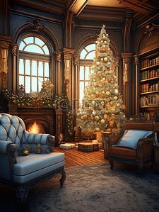 圣诞客厅插画图片_客厅布置圣诞装饰品16