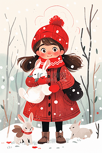 冬天下雪天女孩在插画海报深林里