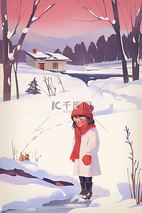 海报插画女孩冬天雪天卡通手绘