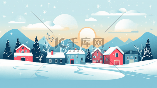 冬天山林雪地里的小乡村插画3