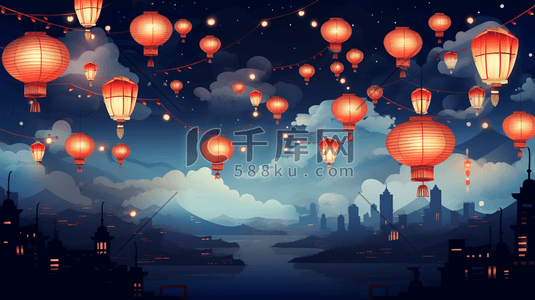 国庆活动插画图片_中国庆春节灯笼夜景插画5