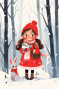 冬天下雪天女孩在深林里插画海报