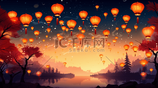 中国庆春节灯笼夜景插画1