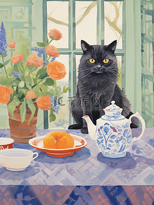 可爱的蛋插画图片_可爱的蛋彩画猫和茶1