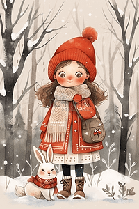 冬天下雪天女孩插画在深林里海报