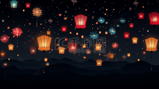 春节习俗农历插画图片_新年夜空的灯笼和烟花插画12