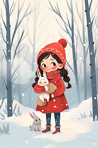 深红色红色插画图片_深林里插画冬天下雪天女孩在海报