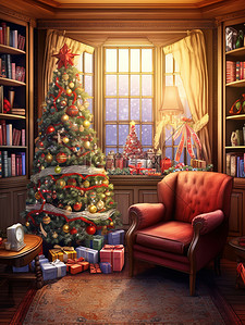 圣诞客厅插画图片_客厅布置圣诞装饰品1
