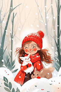 冬天深林里下雪天女孩在插画海报