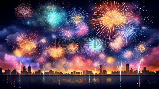 新年数字9插画图片_新年城市夜空的烟花插画9