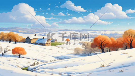 积雪电线杆插画图片_冬季积雪山林唯美雪景插画1