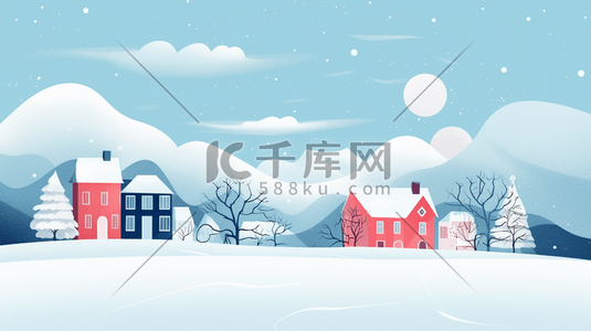 冬天山林雪地里的小乡村插画1