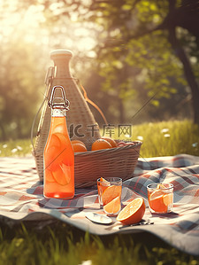 树下野餐垫的瓶子橙汁17