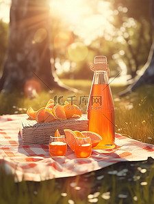 阳光橙插画图片_树下野餐垫的瓶子橙汁7