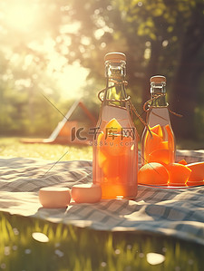 果汁橙插画图片_树下野餐垫的瓶子橙汁13