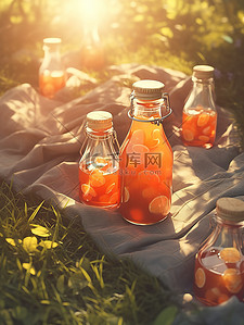 果汁橙插画图片_树下野餐垫的瓶子橙汁3
