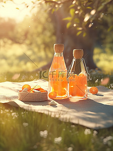 橙汁插画图片_树下野餐垫的瓶子橙汁2