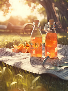 果汁橙插画图片_树下野餐垫的瓶子橙汁11
