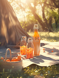 阳光橙插画图片_树下野餐垫的瓶子橙汁1