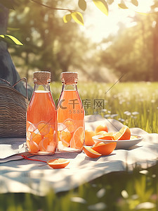 果汁橙插画图片_树下野餐垫的瓶子橙汁5