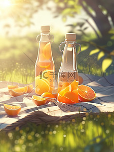 阳光橙插画图片_树下野餐垫的瓶子橙汁6