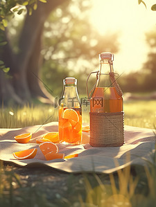 树下野餐垫的瓶子橙汁8