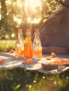 橙汁插画图片_树下野餐垫的瓶子橙汁18