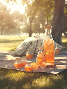阳光橙插画图片_树下野餐垫的瓶子橙汁10
