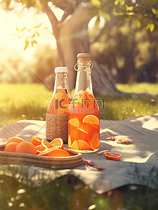 果汁橙插画图片_树下野餐垫的瓶子橙汁16