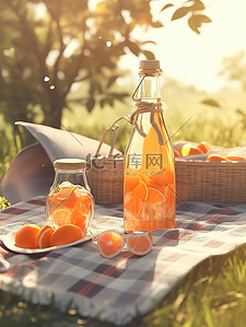 阳光橙插画图片_树下野餐垫的瓶子橙汁4