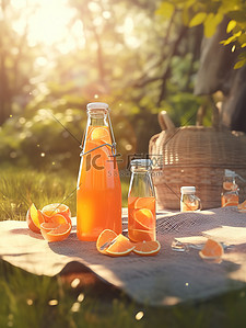 橙汁插画图片_树下野餐垫的瓶子橙汁19