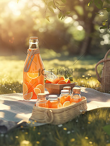 阳光橙插画图片_树下野餐垫的瓶子橙汁20