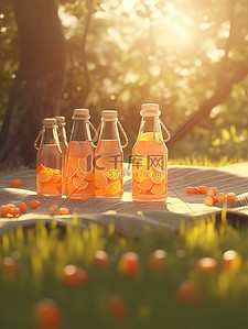 橙汁插画图片_树下野餐垫的瓶子橙汁15
