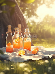 阳光橙插画图片_树下野餐垫的瓶子橙汁9