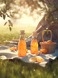 阳光橙插画图片_树下野餐垫的瓶子橙汁14