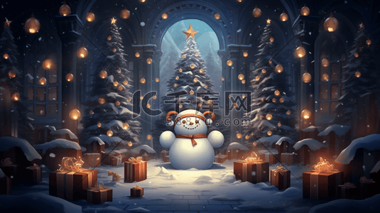 圣诞树下的礼物和小雪人