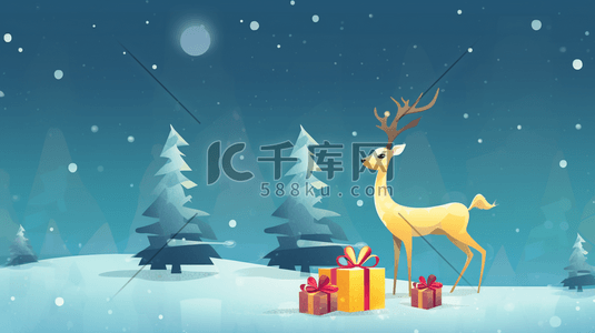 麋鹿和雪人插画图片_雪地中圣诞节礼物和麋鹿