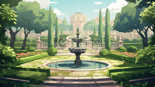 喷泉花园插画图片_花园公园的喷泉插画9