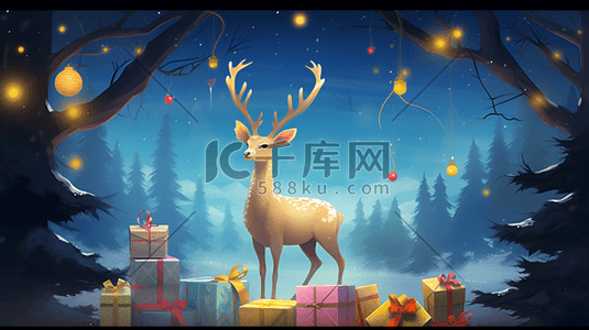 麋鹿和雪人插画图片_圣诞节的礼物和麋鹿