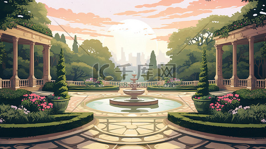花园公园的喷泉插画20