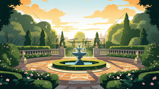 喷泉花园插画图片_花园公园的喷泉插画19
