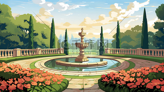 喷泉花园插画图片_花园公园的喷泉插画16