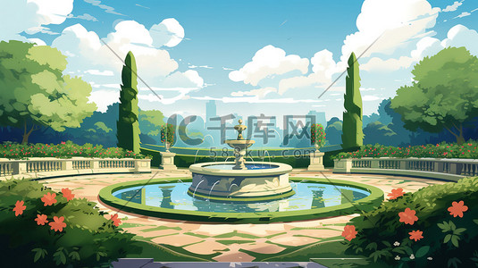 喷泉花园插画图片_花园公园的喷泉插画4