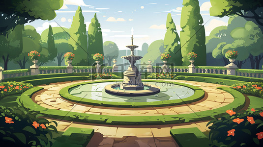 喷泉花园插画图片_花园公园的喷泉插画12