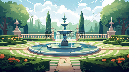 喷泉花园插画图片_花园公园的喷泉插画1