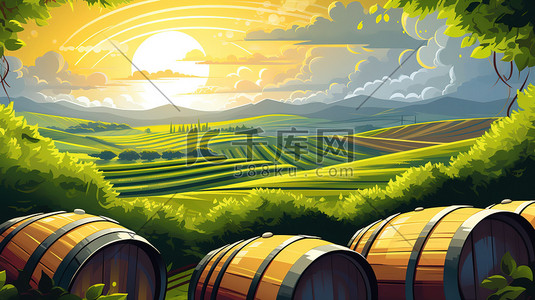 酒桶插画图片_乡村葡萄园酿酒桶8